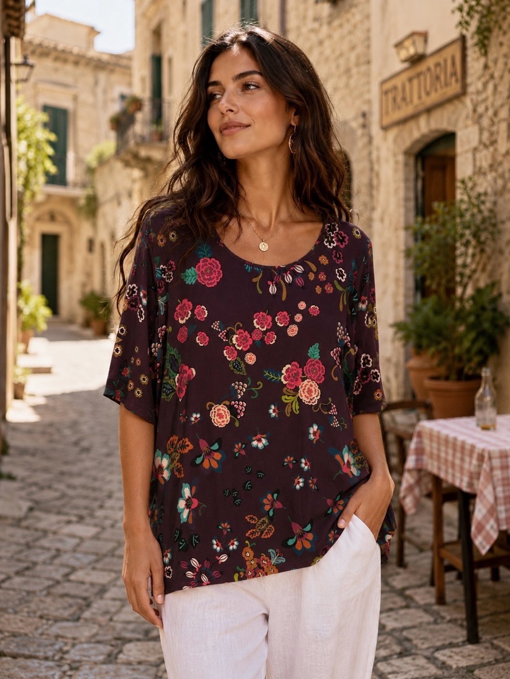 Johnny Was Boho Burgundy Plum Floral Tunic Top Large Relaxed Whimsigoth Artsy